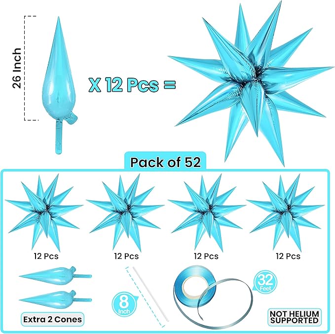 KatchOn, Light Blue Star Cones, 26 Inch - Pack of 50, Turquoise Starburst Balloon for Winter Decorations, Baby Shower, Christmas, Unisex, Number of Pieces 62