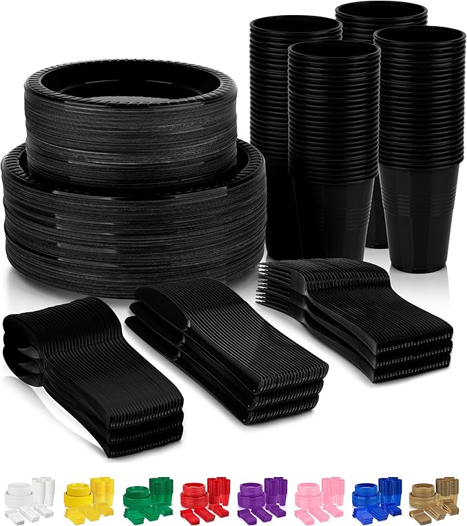 720-Piece Black Disposable Dinnerware Set - 120 Guest Plastic Dinnerware Set - 9" Dinner Plates, 7" Dessert Plates, 12oz Cups, Forks, Knives & Spoons