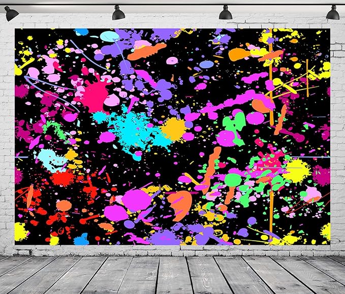 12x8Ft Neno Glow in The Dark Birthday Backdrops Colorful Graffiti Splash Paint Party Background Slime Happy Birthday Black Light Sleppover Party Decorations Birthday Banner, CEM123-12x8