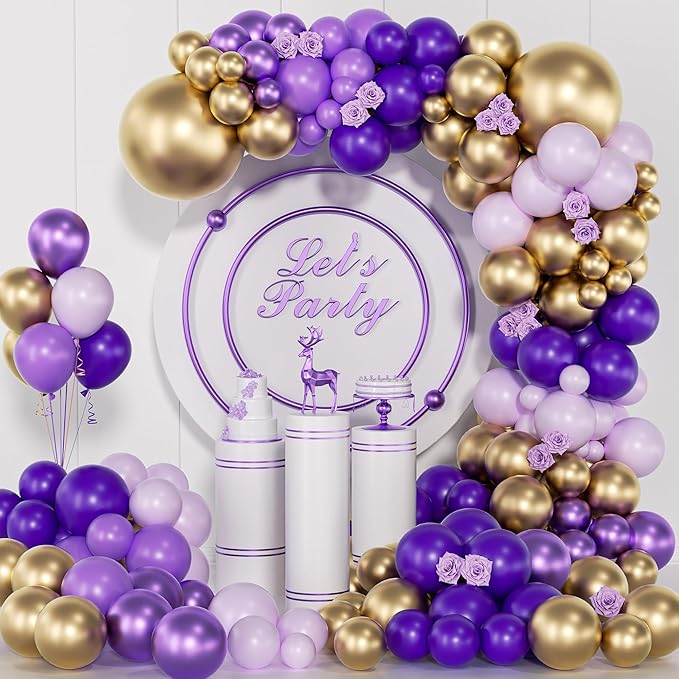 Purple and Gold Balloons Arch Kit, 140Pcs Dark Purple Metallic Gold Lavender Lilac Metallic Purple with Confetti Balloons for Baby Shower Girl Princess Party Women Birthday Wedding Decorations