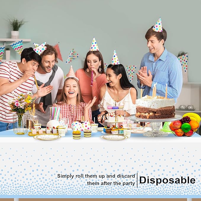 4 Pack White and Light Blue Tablecloth Party Decorations Plastic White Tablecloth Printed Light Blue Table Runner 54 x108 Inch Disposable Rectangle Table Cover for Birthday Wedding Graduation
