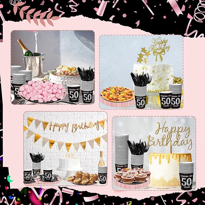 240 Pcs 50th Birthday Decorations 1976 Birthday Party Tableware Include Plates Napkins 9oz Cups Cutlery 50th Anniversary Party Supplies for Men Women Him Her, Serve 30 Guests (Black Pink)