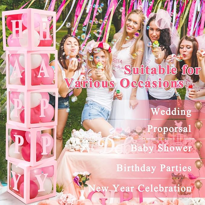Ledido Transparent Balloon Boxes With 78 Letters, Pink Baby Boxes with Letters for Baby Shower Clear Letter Boxes for Party Wedding Birthday Baby Shower Decorations 5 PCS