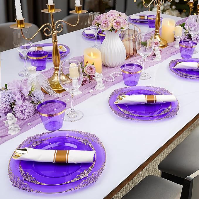 350 PCS Purple and Gold Plastic Plates, Disposable Dinnerware Set for 50 Guests, 100 Disposable Plates, 150 Silverwares, 50 Cups, 50 Napkins for Party, Wedding, Graduation