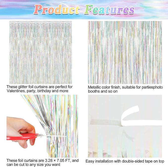 2 Pack Backdrop Curtains, 3.28 FT x 7.05 FT Laser Silver Fringe Curtains, Metallic Tinsel Foil Curtains Party Streamer, Photo Backdrop Party Decorations Bithday Photo Booth Props