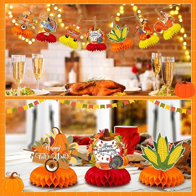 JULMELON 8Pcs Fall Party Decorations, Thanksgiving Table Decorations Honeycomb Centerpieces 3D Double Side Fall Festival Decor Turkey Pumpkin Table Toppers for Friendsgiving Family Party Favors