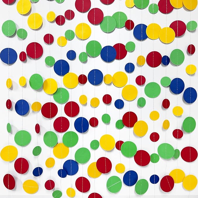 Super Mario Party Decorations Circle Dot Garland Red Blue Yellow Green Hanging Paper Polka Dot Streamer for Birthday Baby Shower Wedding Bridal Shower Carnival Circus Clown Fiesta Party Supplies