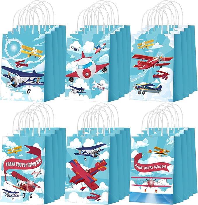 Outus 24 Pcs Airplane Party Favor Bags Paper Airplane Goodie Bags Plain Gift Pouch‌ Blue Aircraft Candy Treat Pouch‌ with Handles for Birthday Party Decorations Supplies
