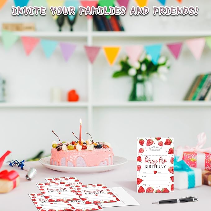Strawberry Birthday Invitations, 20 Pcs - 4x6 inches with Envelopes - Perfect for Baby Girl 1st Birthday Party Decorations