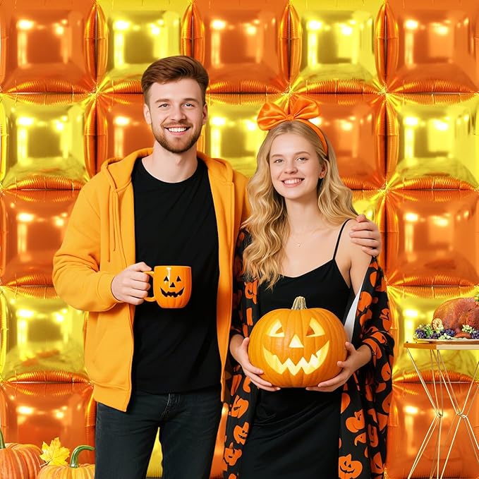 NISOCY 25PCS Orange Gold Square Foil Balloons Wall Backdrop Metallic Autumn Fall Balloons Tunnel Arch Kit for Thanksgiving Friendsgiving Birthday Halloween Baby Shower Fall Color Party Decorations