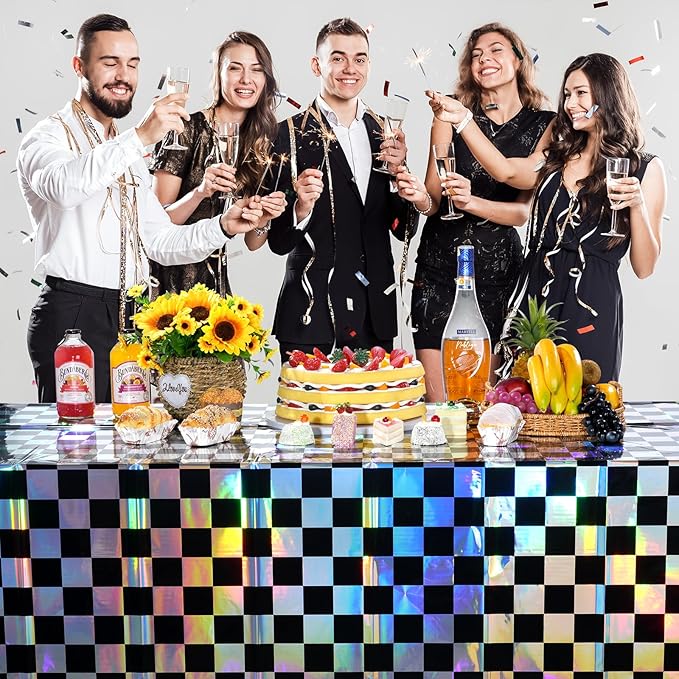 6Pack Black and Iridescent Checkered Plastic Tablecloth, Shiny Disposable Laser Rectangle Table Covers, Holographic Foil Tablecloth Iridescent Party Decorations for Picnic Camping Race Car, 54x108Inch