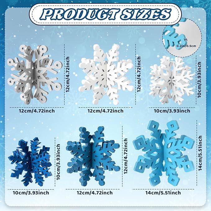 OuMuaMua 6 Set Snowflake Christmas Table Decorations - 12pcs Blue White Glitter Wooden 3D Snowflake Decor Tabletop Centerpiece for Christmas Party Supplies Home Decor