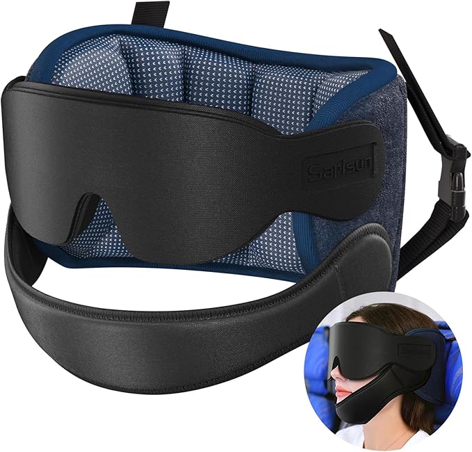 SARISUN Travel Pillows for Airplanes with Sleep Eye Mask, Chin Strap, Airplane Pillow for Long Flights, Car Road Trip, 360° Support Headrest, Travel Essentials Stop Bobblehead, Mottled Blue