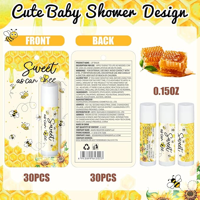 30 Pack Sweet as Can Bee Bulk Baby Shower Games Prizes Party Gifts Lip Balms Favors for Winners Adults Guests Gender Reveal Favors Decorations Baby Shower Souvenirs Gift Bags Stuffers