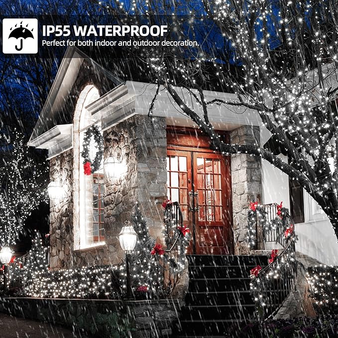 1000 LED 328ft 8 Modes with Timer Christmas String Lights IP55 Outdoor Waterproof UL Certificated Indoor Fairy Lights Garden Patio Wedding Christma Trees Parties Decoration White Light