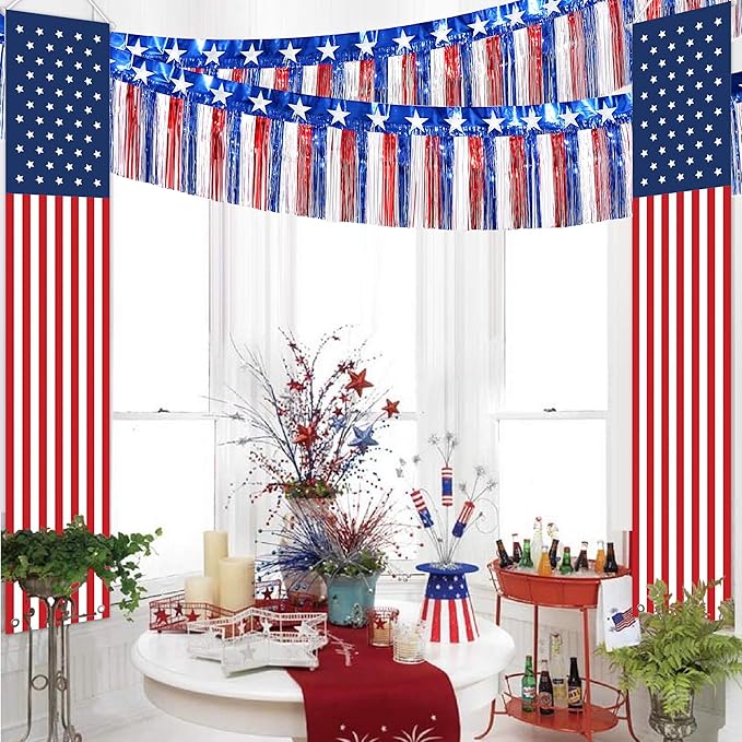 4th of July Decorations 2 Packs 39 Feet Metallic Banner Foil Fringe Garland, Red White and Blue Tinsel Streamers Hanging Backdrop American Flag Star for Parade Floats Memorial Day Patriotic Party