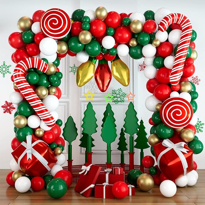 DBKL Balloons 152Pcs Garland Kit for Christmas, Red, White, Green, Gold, Candy Cane, Gift Box, Light Bulb Foil Balloons, Decorations, Party Supplies