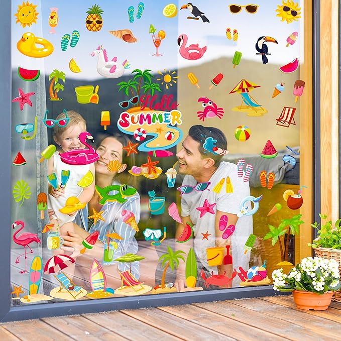9 Sheets Summer Window Clings, Double Sided Summer Window Clings for Glass Windows, Hello Beach Decals, Sun Watermelon Pattern Stickers for Home Office Accessories Decorations