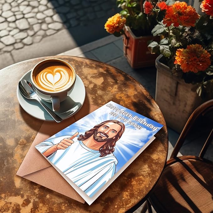 Happy 50th Birthday Funny Jesus Card – Hilarious Dark Humor Greeting for Elderly Men or Women, Funny 50th Birthday Cards for Women or Men