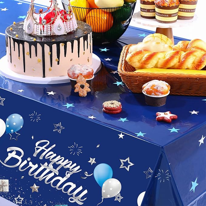 Tegeme Navy Blue Party Supplies Stars Happy Birthday Tablecloths Starry Confetti Table Covers for Kids Boys Girls Baby Shower Birthday Party Decorations(Navy Blue and Silver,1 Pack)