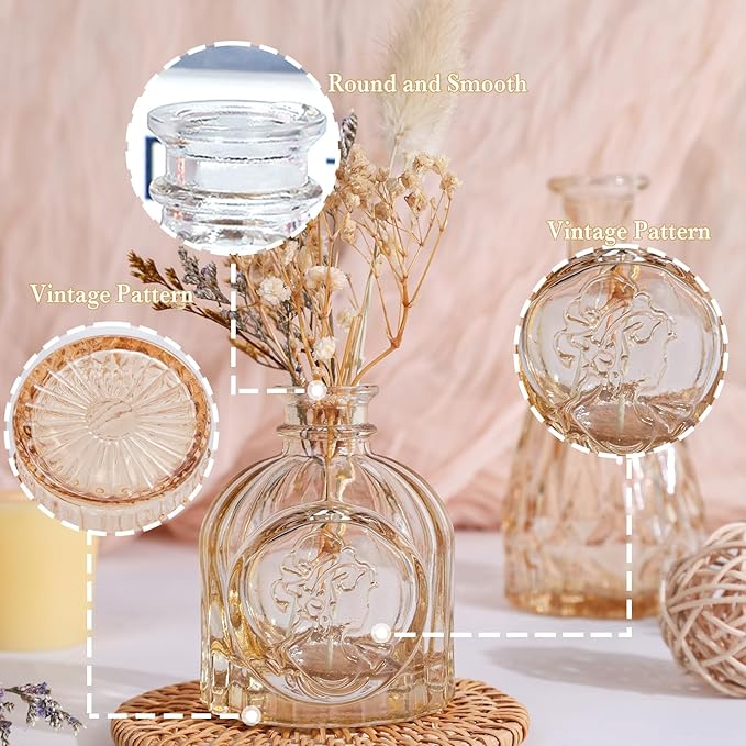 Amber Glass Bud Vases Set of 5, Gold Flower Vase for Centerpieces, Small Clear Vases in Bulk for Wedding Decorations, Vintage Vase for Table, Recepetion, Home Décor