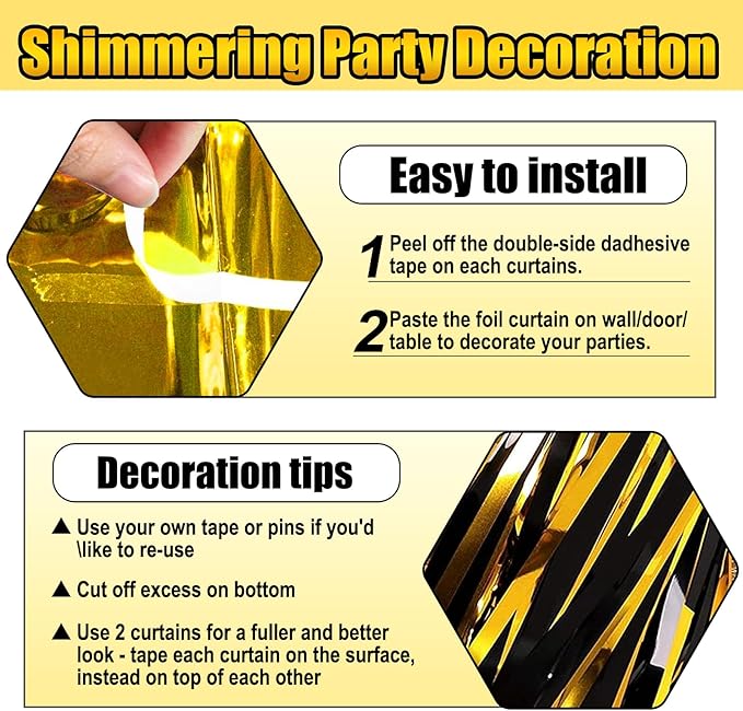 3 Pack Black Gold Foil Fringe Curtain Backdrop, 3.28Ft x 8.2Ft Metallic Tinsel Foil Fringe Streamer Curtains for Photo Booth, Mother's Day, Easter, Birthday, Wedding Party Decorations