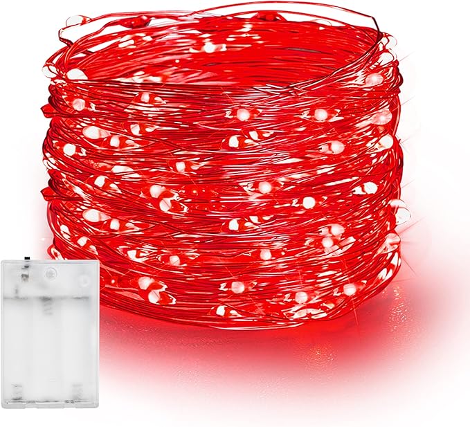 Dazzle Bright Fairy Lights Battery Operated, 20 FT 60 LED Silver Wire Waterproof Battery Operated String Lights, Christmas Decorations for Indoor Outdoor Bedroom Yard Decor, Red