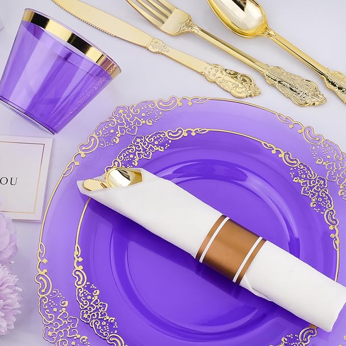 350 PCS Purple and Gold Plastic Plates, Disposable Dinnerware Set for 50 Guests, 100 Disposable Plates, 150 Silverwares, 50 Cups, 50 Napkins for Party, Wedding, Graduation