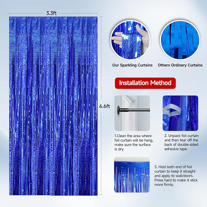 QRabbit 4 Pack Backdrop Curtains, Blue Foil Fringe Curtain Tinsel Backdrop, Party Streamers for Birthday Graduation Engagement Wedding Baby Shower Christmas Party Decorations