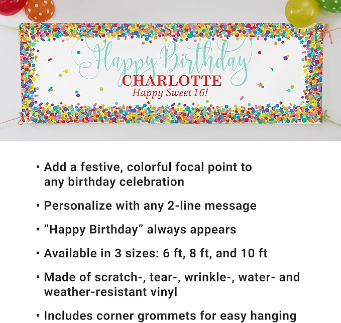Let's Make Memories Personalized Happy Birthday Banner for Kids - Custom Colorful Party Decorations - Indoor/Outdoor Vinyl - Any Text - Happy Birthday Confetti - 10ft