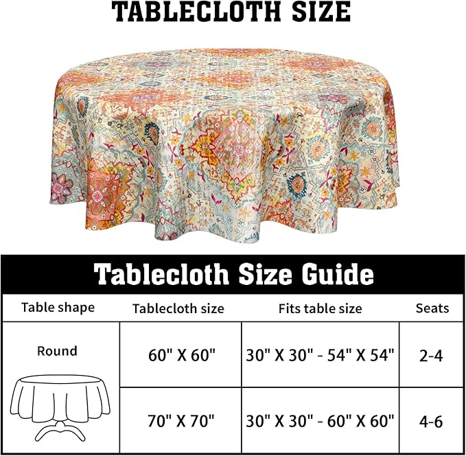 Boho Round Tablecloth Colorful Bohemian Circle Table Cloth 60 Inch Vintage Rustic Farmhouse Table Cover Washable Polyester Indoor Decorations for Home Kitchen Dinning Party