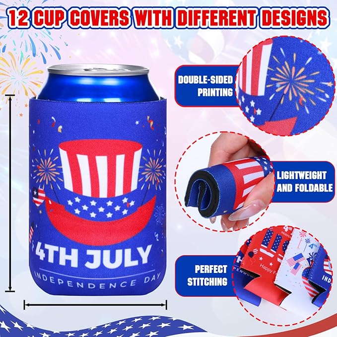 4th of July Decoration Can Cooler Sleeves, 12 Pcs Independence Day Can Party Supplies USA Flag Insulated Collapsible 4th of July Cooler Sleeves for Patriotic Memorial Day (A)