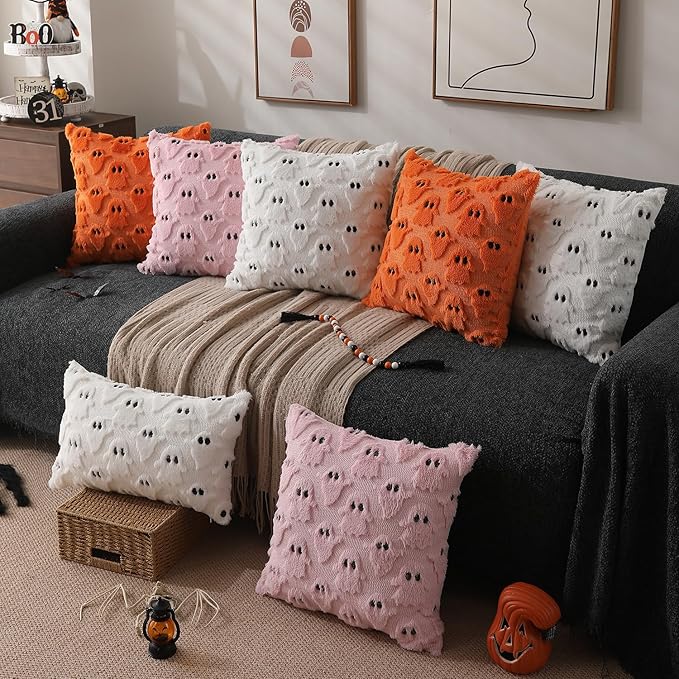 DFXSZ Halloween Pillow Covers 16x16 inch Set of 2 Pink Ghost Throw Pillow Cases Soft Plush Faux Fur Wool Couch Cushion Case for Chair Sofa Bedroom Living Room Home Decor PTK03B16