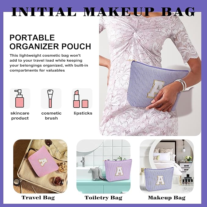 Small Makeup Bag for Purse - Travel Makeup Bag Set, Initial Make up Bag Organizer Makeup Pouch, Blue Preppy Stuff Birthday Gifts for Women Travel Essentials, Blue Letter H