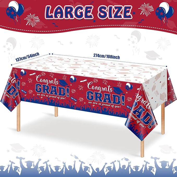 6 Pack Graduation Tablecloth Party Decorations, Class of 2026 Congrats Grad Plastic Tablecover Party Supplies, Red and Blue Rectangle Graduation Table Decor for College High School Party, 54 x 108Inch