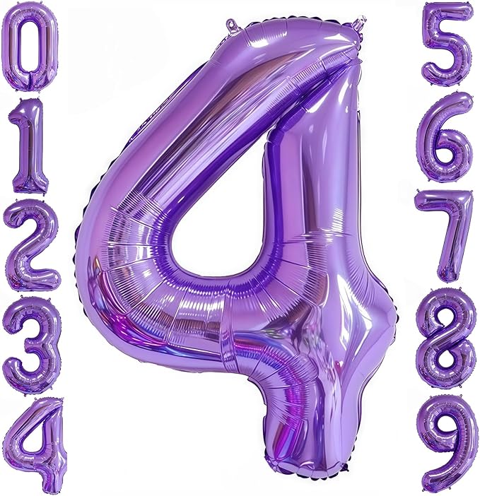 Purple 4 Balloon Number,40 Inch Number 4 Balloon Big Purple 4 Foil Mylar Helium Balloon for Birthday Party Decorations