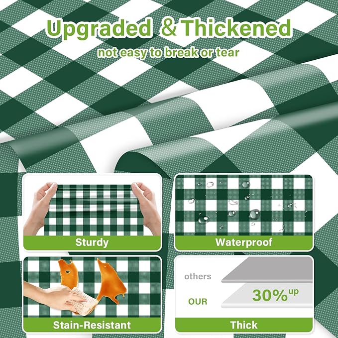 Mulbozy Dark Green Gingham Tablecloth 4 Pack, 54 x 108 Inch Plastic Table Cloth Disposable, Green and White Checkered Table Cover for Party Supplies