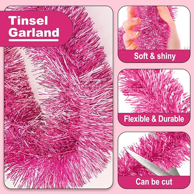 25 Feet Christmas Tinsel Garland, Metallic Twist Garland Wall Hanging Tinsel Garland Backdrop for Parade Floats, Carnival, Birthday, Wedding, New Year Party Decorations (Pink, 4in x 25ft)
