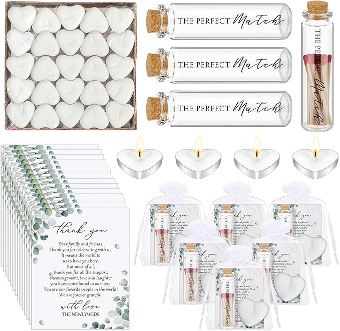 50 Sets Wedding Party Favors for Guests Bulk Including Mini Heart Shaped Candles and Empty Matches Jars with Cork Top Thank You Cards and Organza Bags for Wedding Bridal Shower Party Souvenir