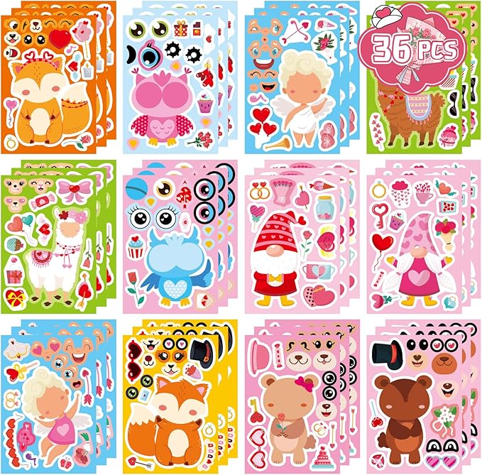 36 Sheets Valentine's Day Stickers for Kids, Make a Face Sticker Make Your Own Animal with Heart Mix Stickers Valentine's Day Activities Party Favors