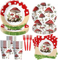 APOWBLS Mushroom Birthday Decorations Party Tableware - Mushroom Baby Shower Decorations And Supplies, Paper Plate, Cup, Napkin, Disposable Disposable Fork | Serves 24