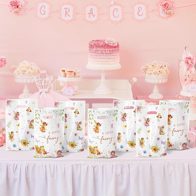 Fairy Party Favor Bags - 50Pcs A Little Fairy Goody Candy Treat Gifts Bags, Watercolor Floral Girls Themed Party Decorations for Kids Baby Girls Birthday Baby Shower Garden Events Supplies