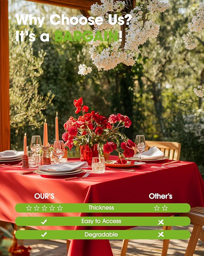 Pureegg Plastic Table Cloth Disposable 10 Pack, 54 x 108 Inch Table Cloths, Valentines Day, Thanksgiving, Christmas Decorations, Fall Tablecloths, Rectangle, Plastic Cover, Leakproof & Sturdy, Red