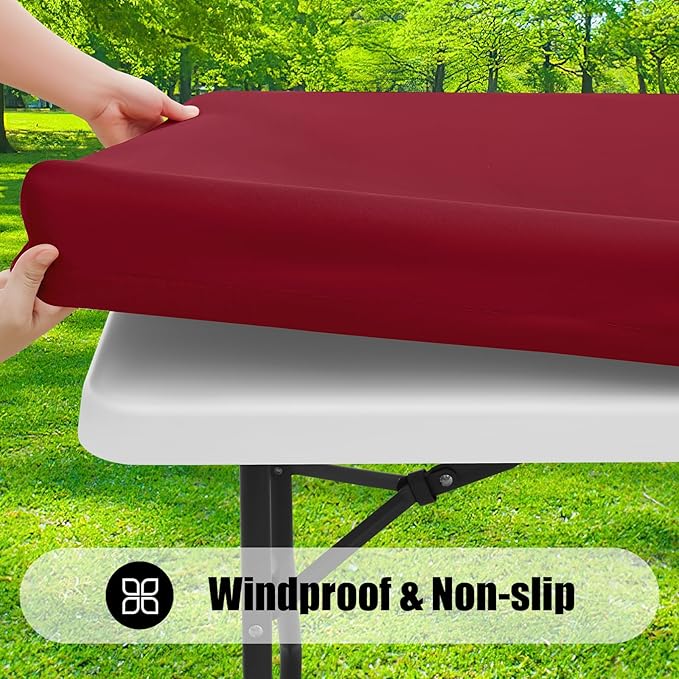Smiry 2 Pack Rectangle Picnic Table Cloth, Waterproof Elastic Fitted Tablecloths, Washable Polyester Rectangular Patio Table Cover for Camping, Indoor and Outdoor (Wine Red, 30"x96")