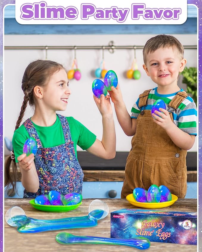 Greingways 5 Pack Prefilled Easter Eggs Galaxy Slime Toys, Teens Easters Basket Stuffers Egg Fillers, Easter Games Gift Party Favors Filled Egg for Kids Boys Girls Toddlers (Blue+Purple+Green)