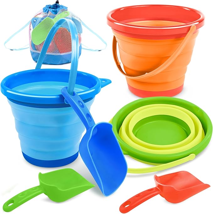 JOYIN 3 Packs Foldable Pail Bucket with Shovels & Mesh Bag, Collapsible Buckets Multi Purpose for Beach, Camping Gear, Beach Party, Fishing, and Fun Summer Activities (Orange/Blue/Green)