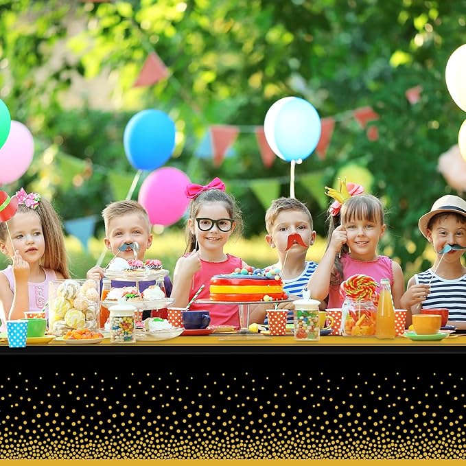4 Pack Black and Gold Tablecloth Party Decorations Plastic Black Tablecloth Printed Gold Table Runner 54 x108 Inch Disposable Rectangle Table Cover for Birthday Wedding Graduation Anniversary