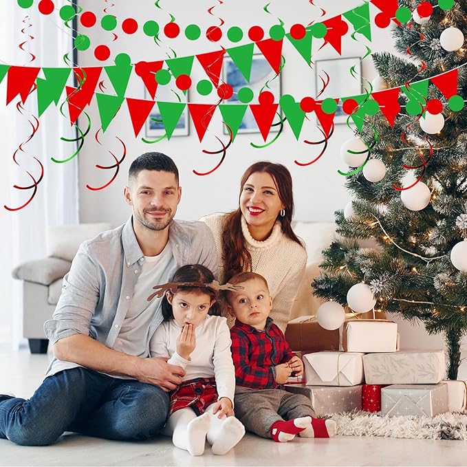 Outus 25 Pcs Christmas Party Decorations Supplies Merry Christmas Party Banner Red Green White Xmas Paper Fans Flower Pom Poms Hanging Swirls Pennant Circle Dots Garland for Xmas Birthday Decor