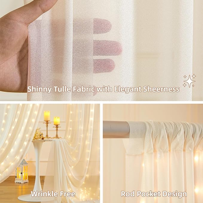 10x10FT Cream Wrinkle Free Backdrop Curtains with Lights String for Parties - Photo Curtain Backdrop with Lights for Wedding Decorations, Bridal Baby Shower Birthday Party Photography Background