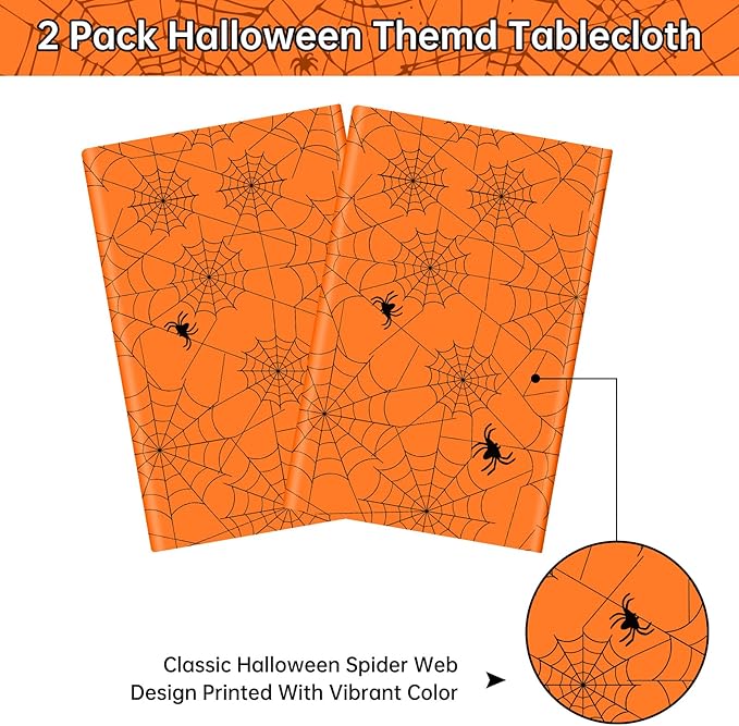 2 Pcs Halloween Tablecloth - Plastic Halloweens Spider Webs Table Cloth, Orange Disposable Rectangle Spiderweb Table Cover for Halloween Party Decorations Supplies Favors Tables Decor, 108 x 54 Inch
